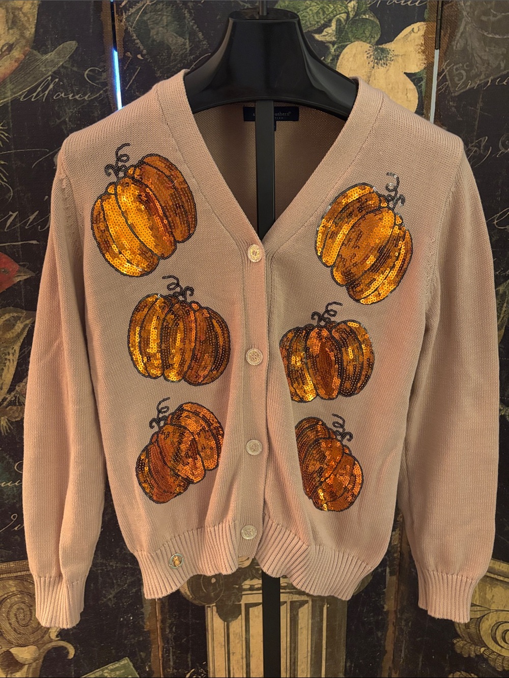Simply Southern Sequin Pumpkin V-Neck Cardigan Sweater - Tan